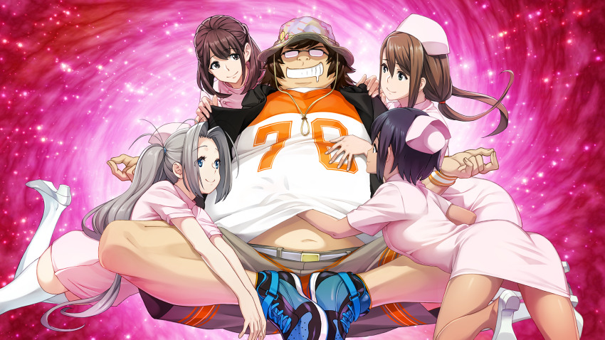 1boy, 4girls, antenna_hair, aqua_eyes, belt, belt_buckle, black_hair, black_vest