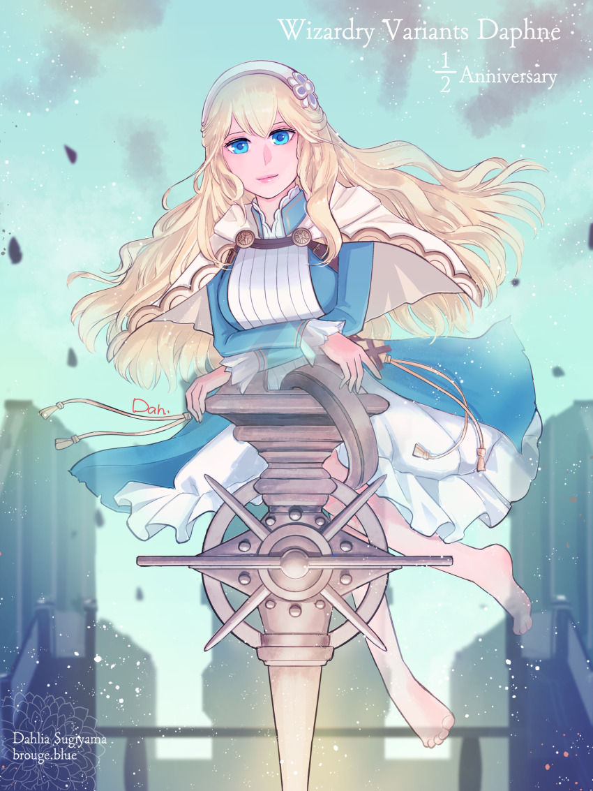 1girl, anniversary, artist_name, barefoot, blonde_hair, blue_dress, blue_eyes, capelet