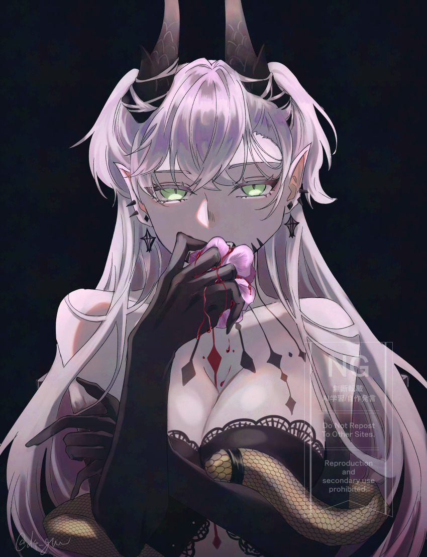 1girl, absurdres, blood, blood_on_hands, breasts, commentary, demon_girl, demon_horns