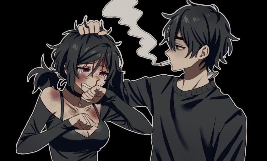 1boy, 1girl, andrew_graves, arm_at_side, ashley_graves, bags_under_eyes, bare_shoulders, black_background