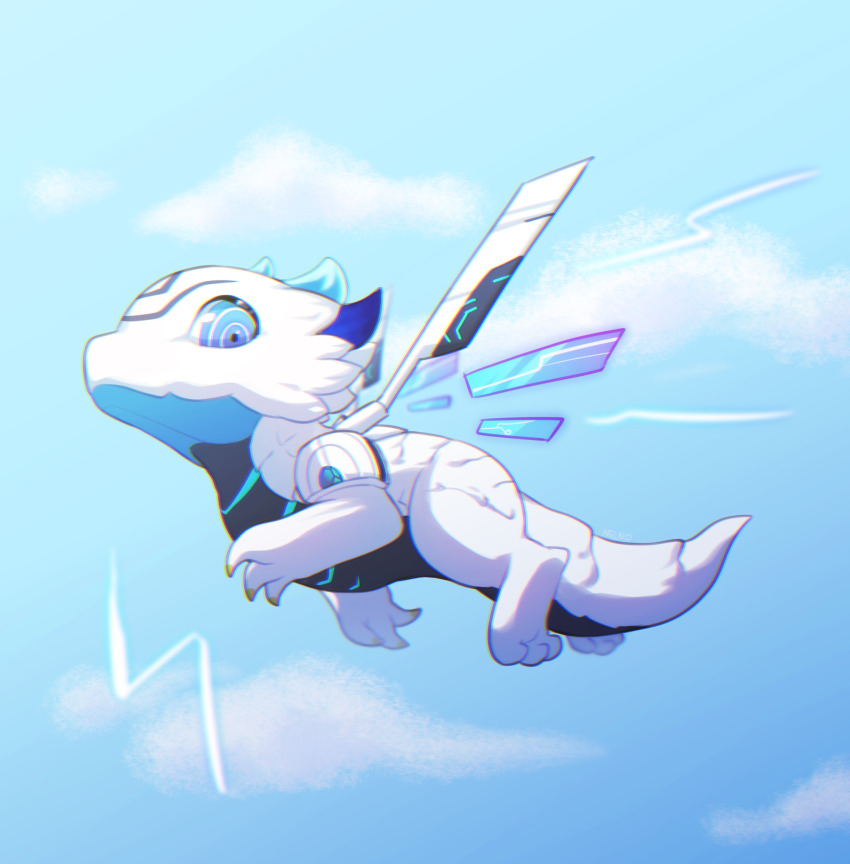 blue_eyes, blue_sky, cloud, cyborg, dragon, dragon_village_(series), dragon_village_collection, electricity