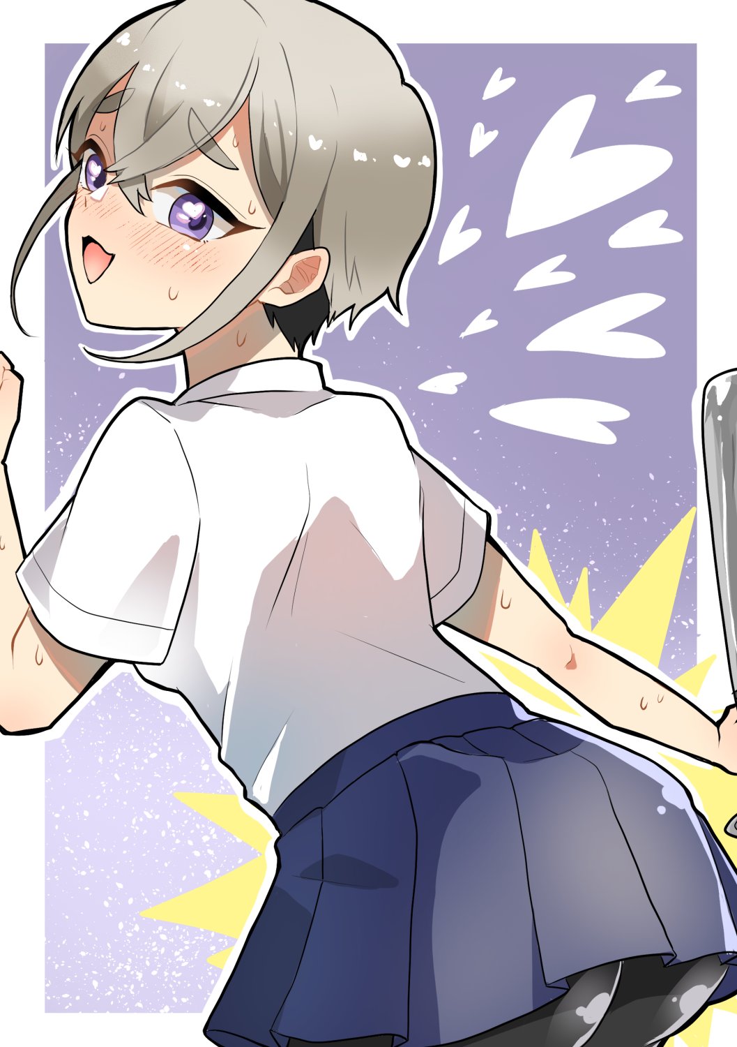 1girl, baseball_bat, bike_shorts, blonde_hair, blue_skirt, blush, chacha_kamimaru, facing_away