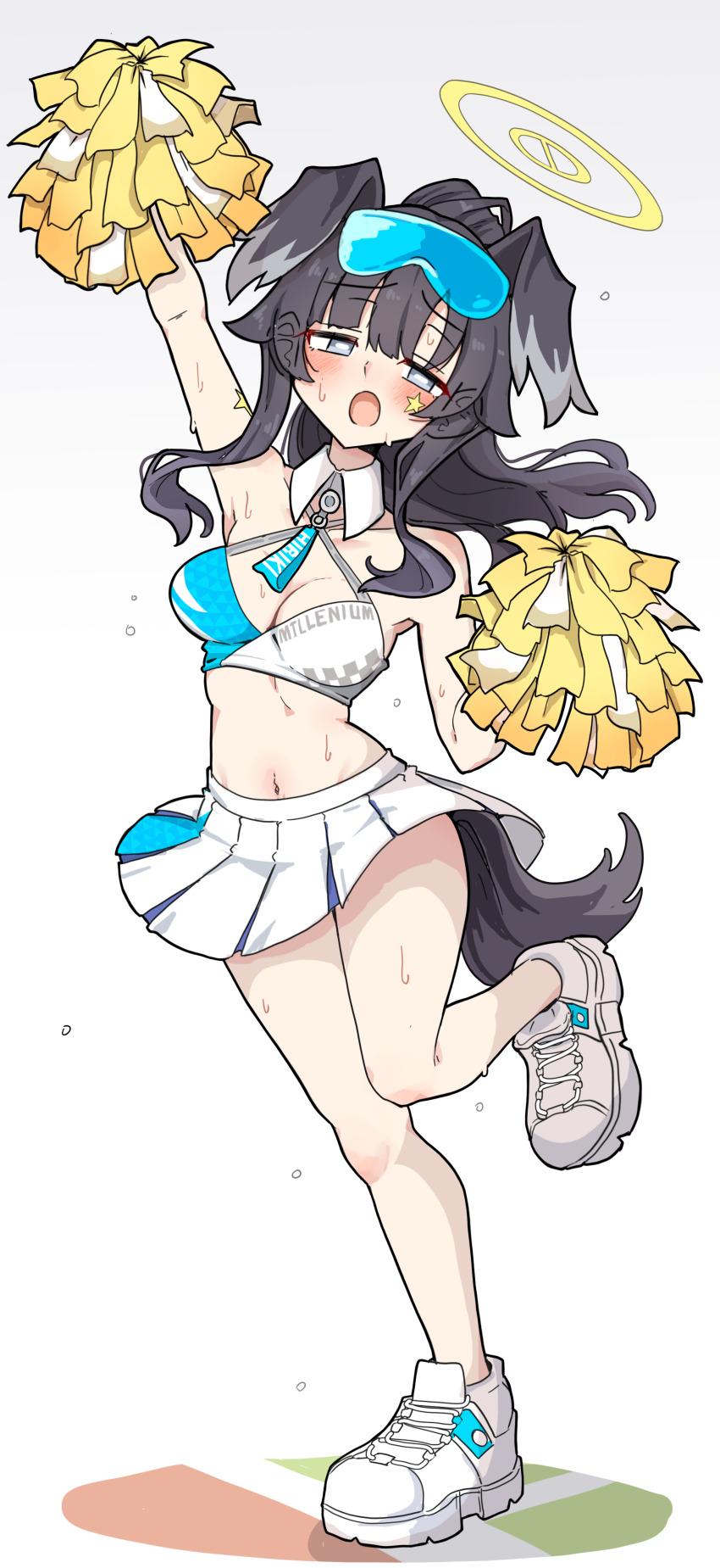 absurdres, animal_ears, arm_up, armpits, black_hair, blue_archive, cheerleader, dog_ears