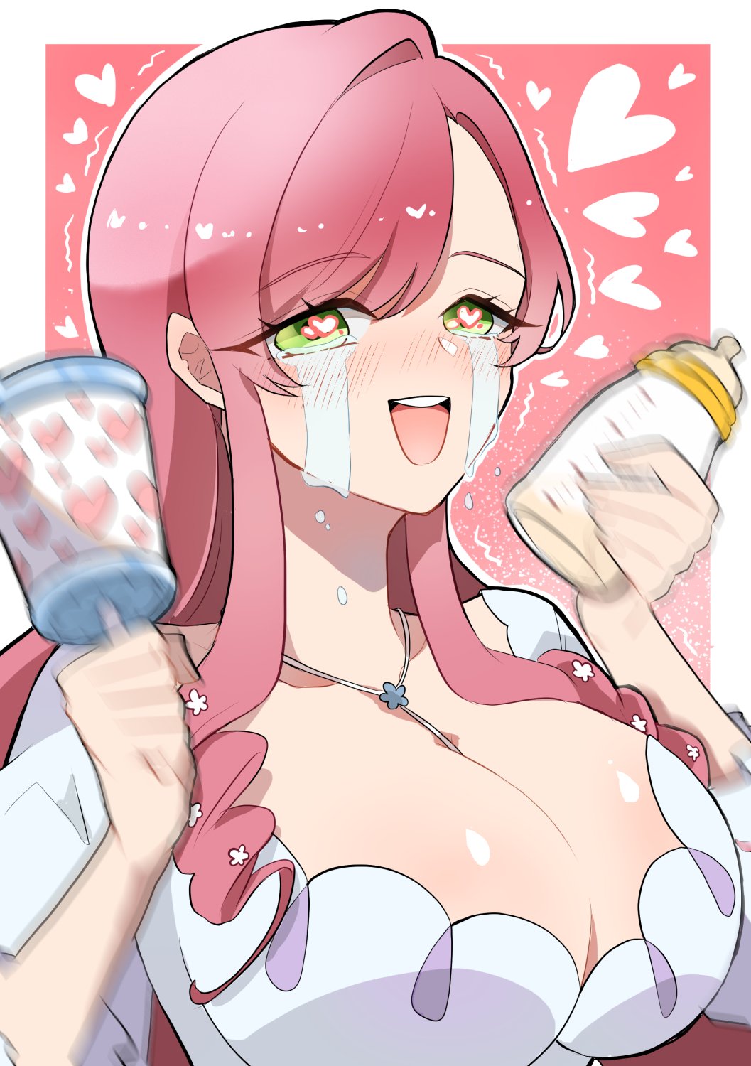 1girl, baby_bottle, blush, bottle, breasts, chacha_kamimaru, cleavage, crying, female_focus, hanazono_hahari, heart, heart-shaped_pupils, highres, holding, holding_bottle, holding_rattle, kimi_no_koto_ga_dai_dai_dai_dai_daisuki_na_100-nin_no_kanojo, large_breasts, long_hair, mature_female, motion_blur, outline, pink_background, pink_hair, rattle, simple_background, solo, streaming_tears, symbol-shaped_pupils, tears, upper_body, white_outline