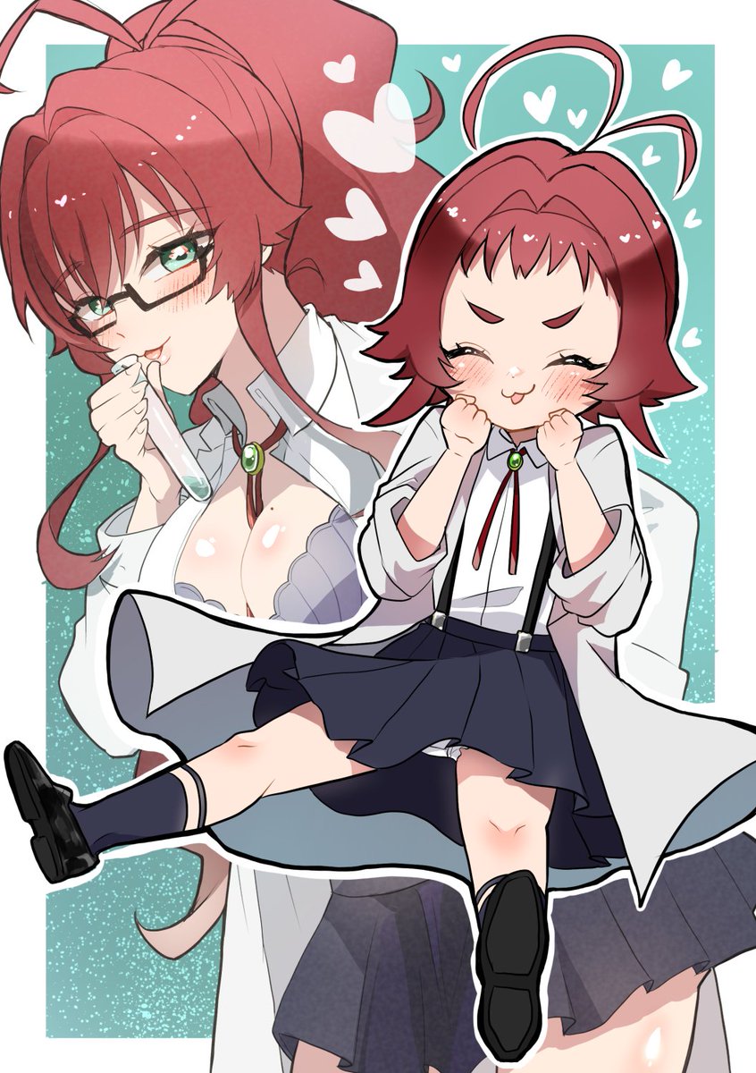 2girls, blush, breasts, chacha_kamimaru, cleavage, dual_persona, female_focus, glasses, green_background, green_eyes, heart, highres, holding, holding_test_tube, kimi_no_koto_ga_dai_dai_dai_dai_daisuki_na_100-nin_no_kanojo, lab_coat, large_breasts, long_hair, long_sleeves, multiple_girls, ohananomitsu_high_school_uniform, outline, red_hair, school_uniform, semi-rimless_eyewear, simple_background, suspenders, test_tube, very_long_hair, white_outline, yakuzen_kusuri, yakuzen_kusuri_(older)