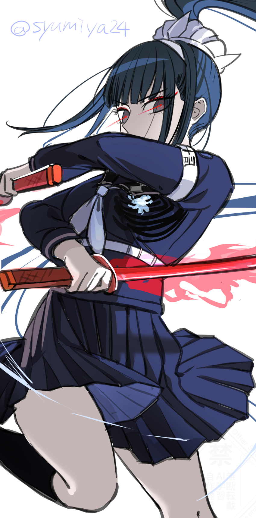 1girl, absurdres, black_eyes, black_hair, black_skirt, female_focus, highres, holy_jumonji_sword, magadori_kyoshika, multicolored_eyes, one_leg_raised, pleated_skirt, ponytail, red_eyes, simple_background, skirt, syumiya24, the_hundred_line_-last_defense_academy-, white_background