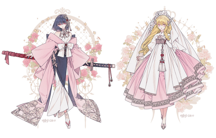 1girl, ankle_socks, black_hair, black_skirt, blonde_hair, bow, bracelet, bridal_veil