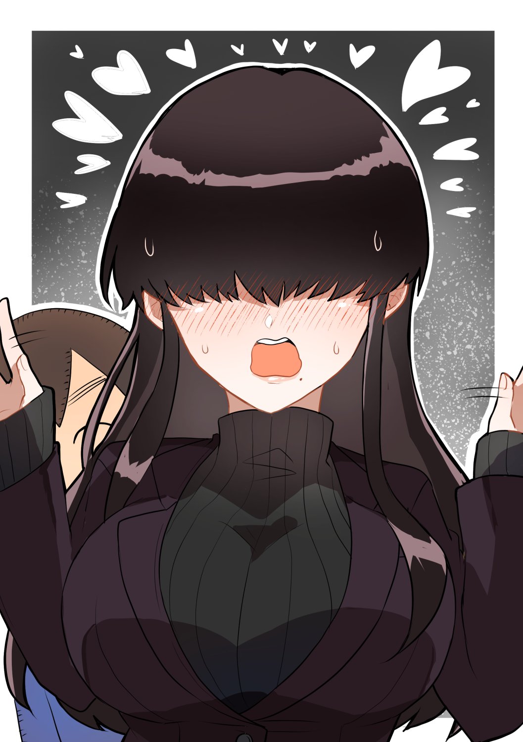 1girl, black_background, black_jacket, blonde_hair, blush, breasts, chacha_kamimaru, hair_over_eyes