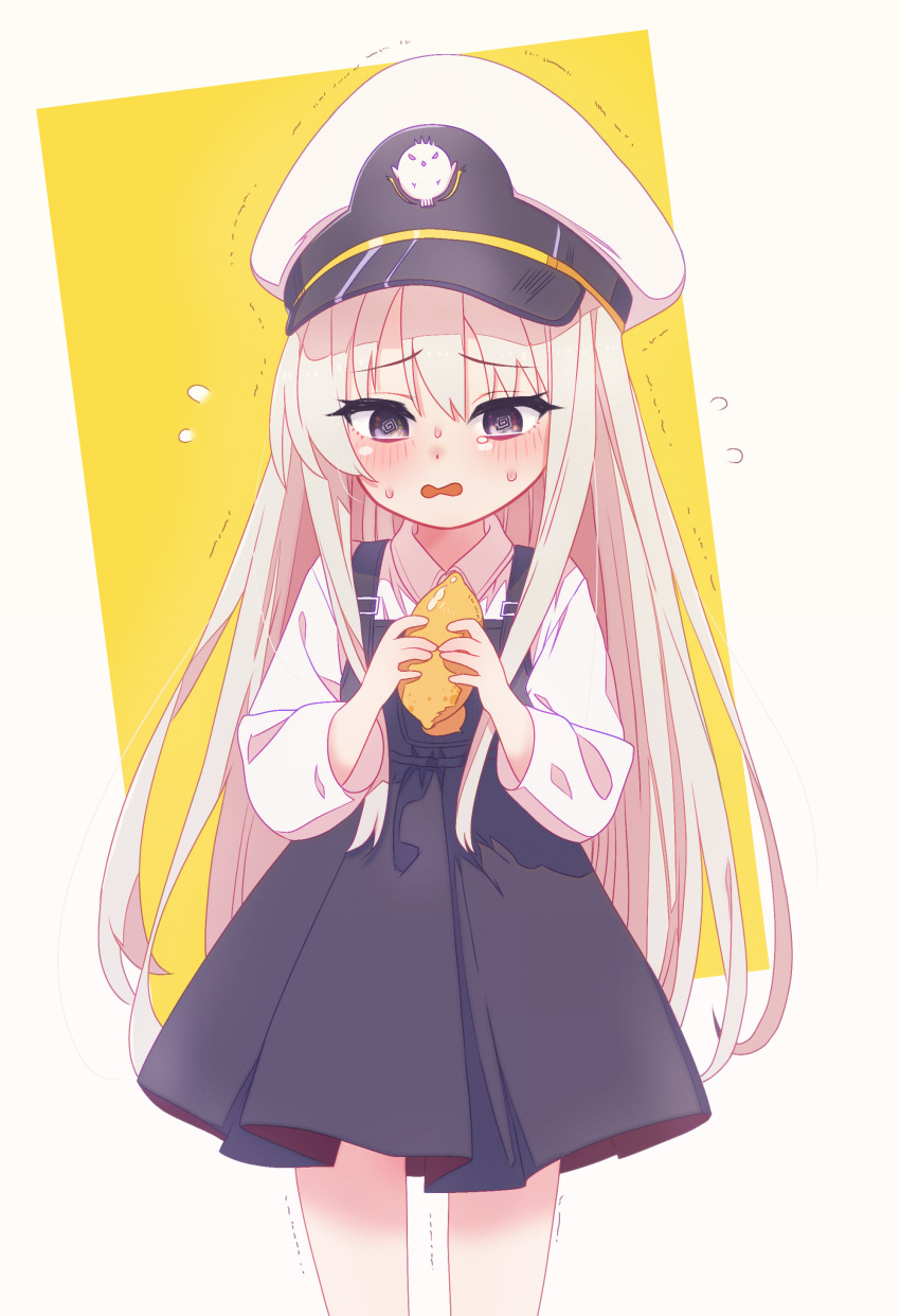 1girl, absurdres, aged_down, arbiter1, azur_lane, blush, dress, food, hat, highres, holding, holding_food, howdong, little_enterprise_(azur_lane), long_hair, long_sleeves, looking_at_object, military_hat, necktie, overall_skirt, peaked_cap, purple_eyes, shirt, solo, white_hair, white_shirt