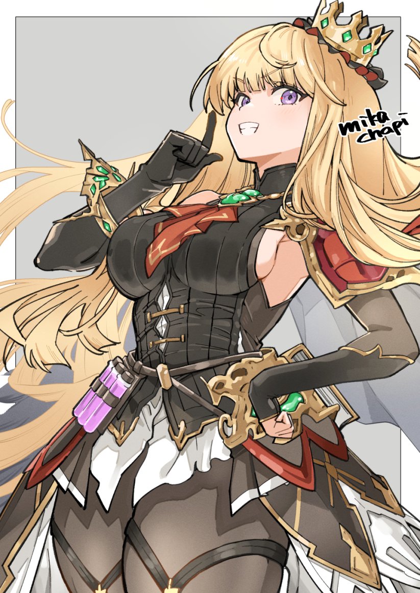 1girl, aged_up, artist_name, asymmetrical_gloves, black_gloves, blonde_hair, breasts, cagliostro_(granblue_fantasy)
