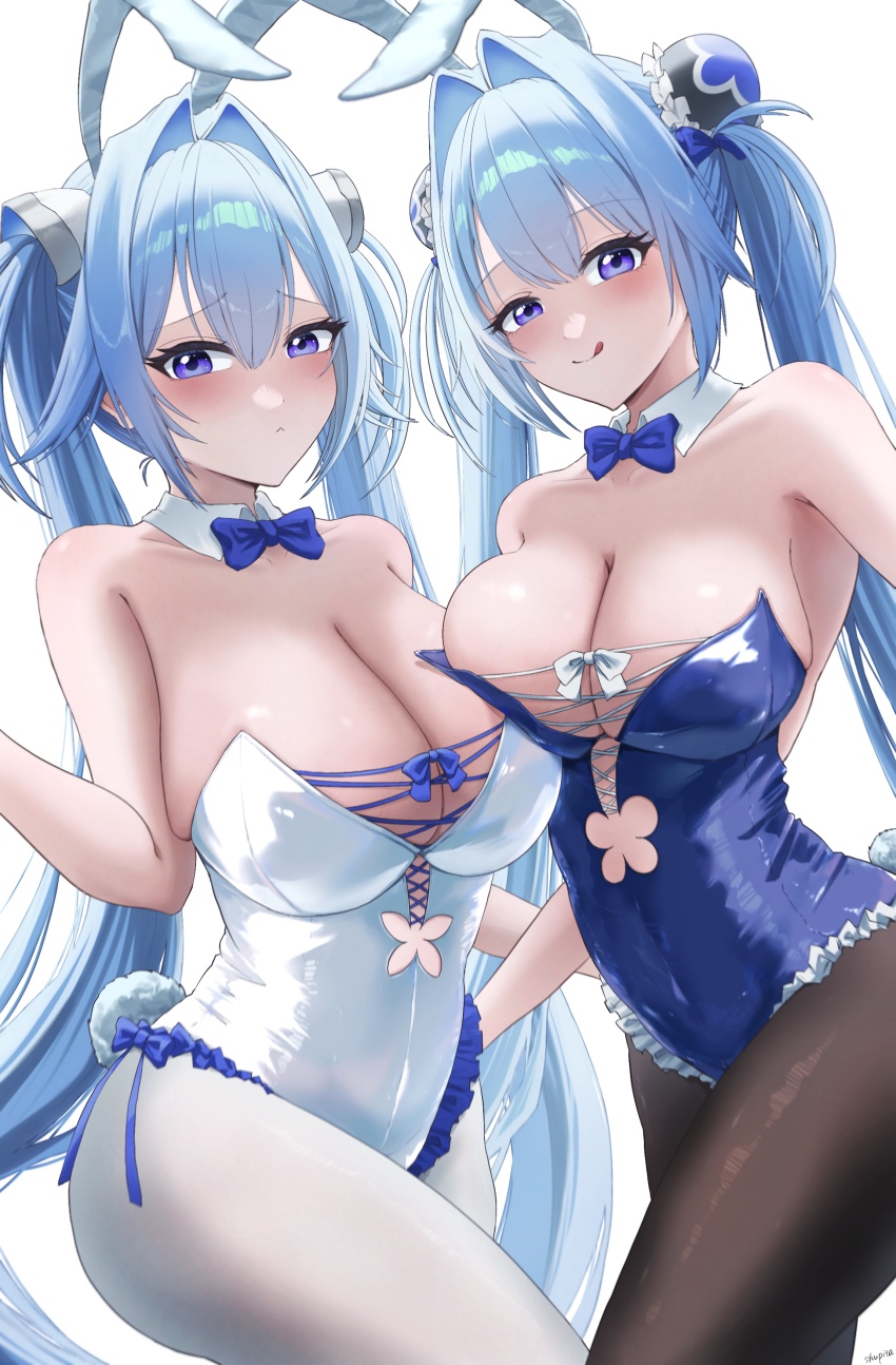 absurdres, animal_ears, black_pantyhose, blue_bow, blue_bowtie, blue_eyes, blue_hair, bow