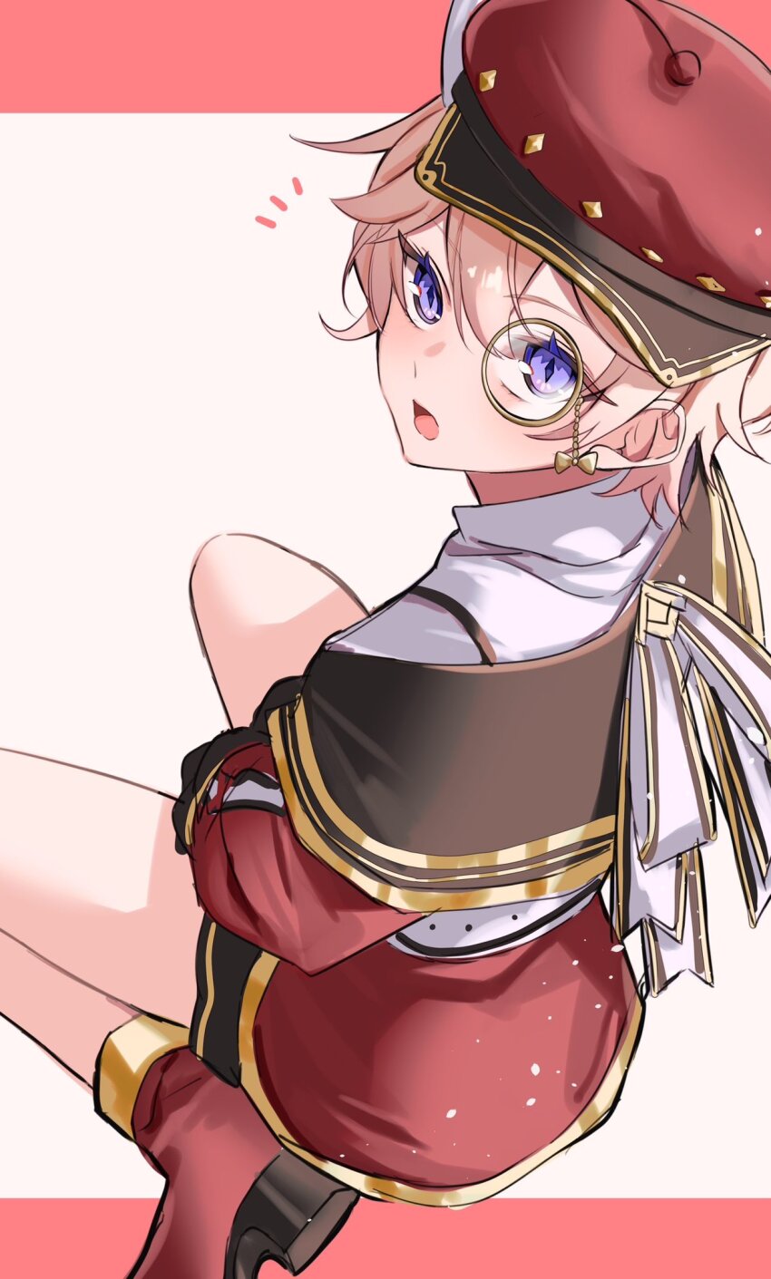 1boy, alternate_costume, beret, black_gloves, border, charlotte_(genshin_impact), charlotte_(genshin_impact)_(cosplay), cosplay