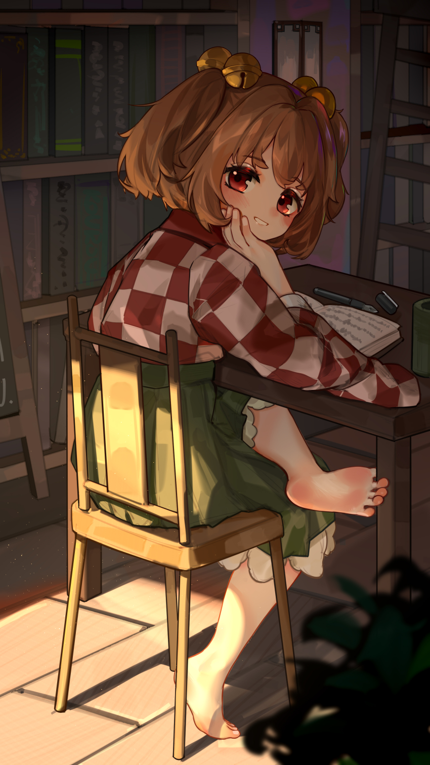 1girl, absurdres, barefoot, bell, book, bookshelf, brown_hair, chair