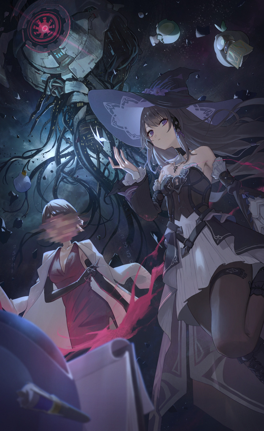 2girls, absurdres, ascot, bare_shoulders, black_dress, black_gloves, black_thighhighs, breasts