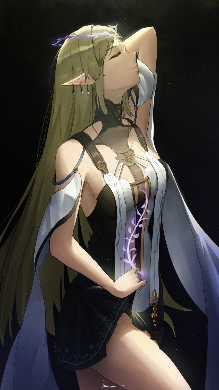 1girl, absurdres, arm_up, black_collar, black_dress, blonde_hair, breasts, cartethyia_(wuthering_waves)