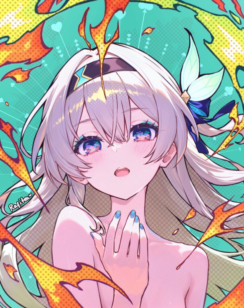 1girl, artist_name, black_hairband, blue_eyes, blue_nails, commentary, english_commentary, fire