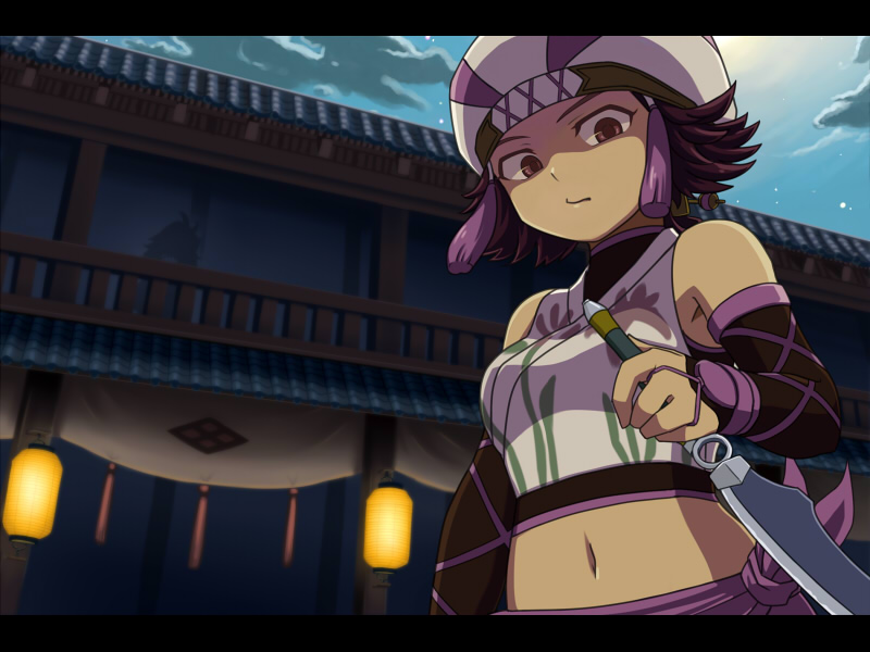 beret, brown_eyes, brown_hair, crop_top, dagger, hat, knife, kunoichi_(sengoku_musou)
