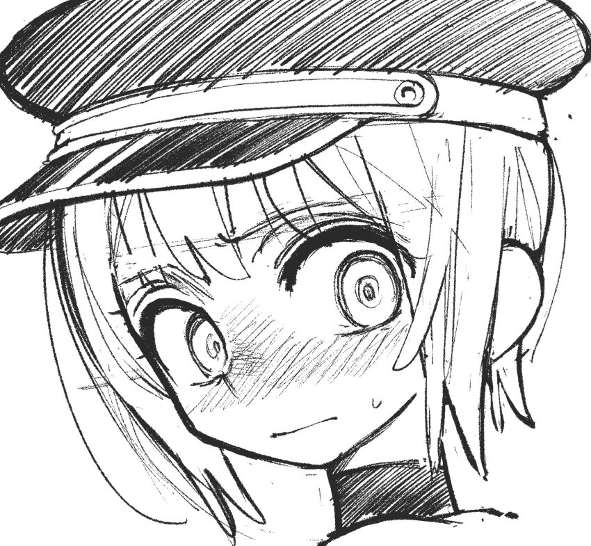 1girl, @_@, blush, galaxias, greyscale, hat, highres, jio_holst_(galaxias)