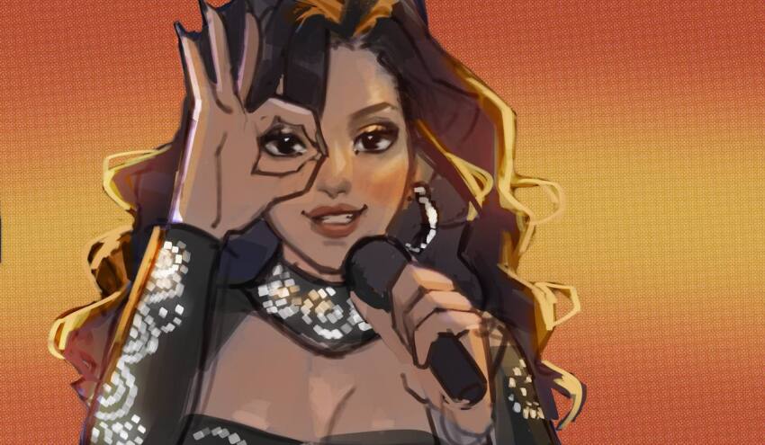 1girl, brown_hair, chanel_terrero_(singer), commentary_request, derivative_work, eurovision_song_contest, gradient_background, holding