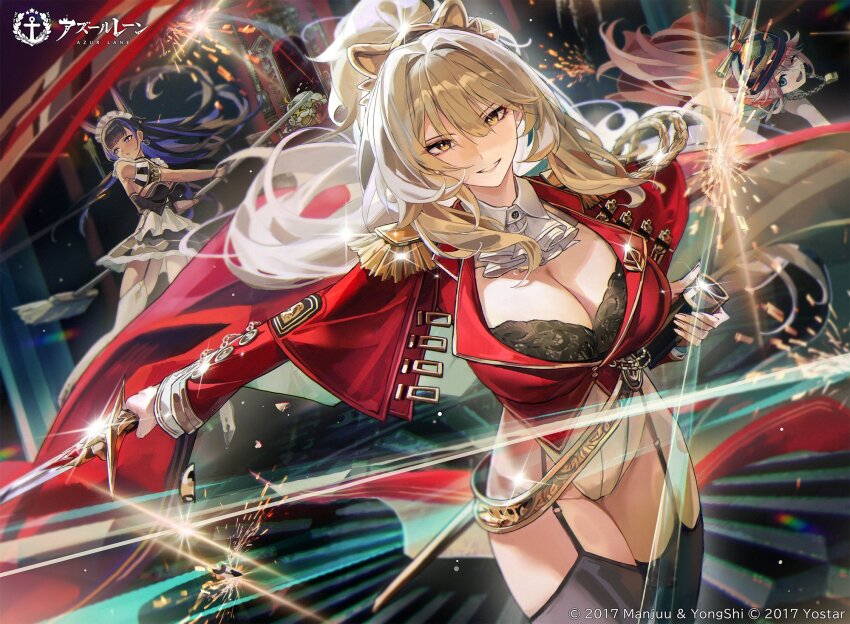 3girls, animal_ears, artist_request, azur_lane, black_bra, black_dress, black_garter_straps, black_thighhighs