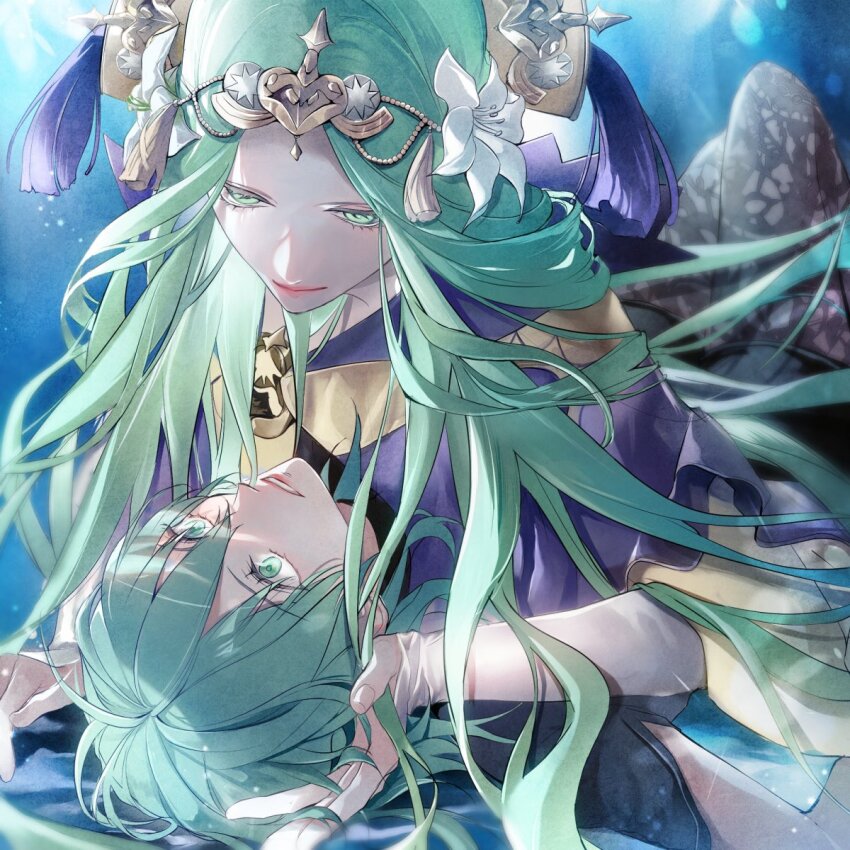 2girls, commentary, english_commentary, female_byleth_(fire_emblem), fire_emblem, fire_emblem:_three_houses, flower, girl_on_top