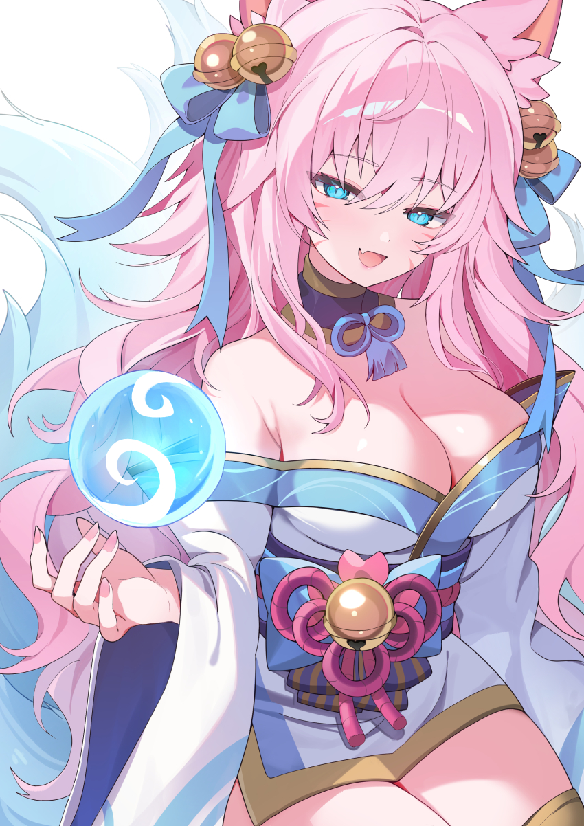 1girl, absurdres, ahri_(league_of_legends), animal_ears, aqua_eyes, armpit_crease, bare_shoulders, bell