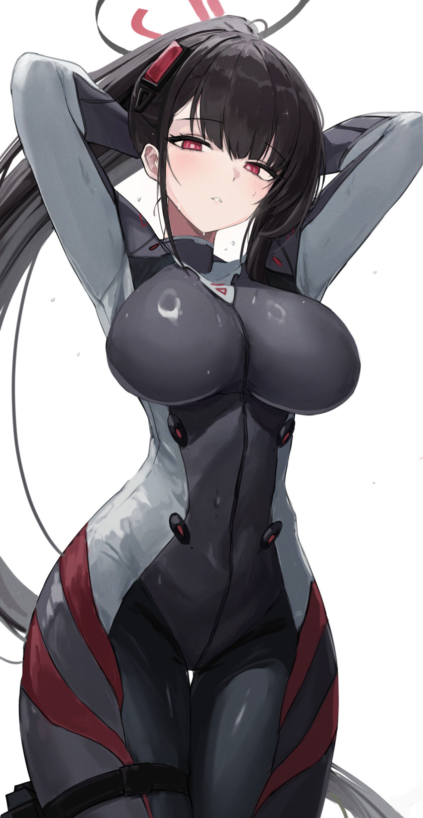 1girl, absurdres, arms_behind_head, arms_up, black_bodysuit, black_hair, black_halo, blue_archive
