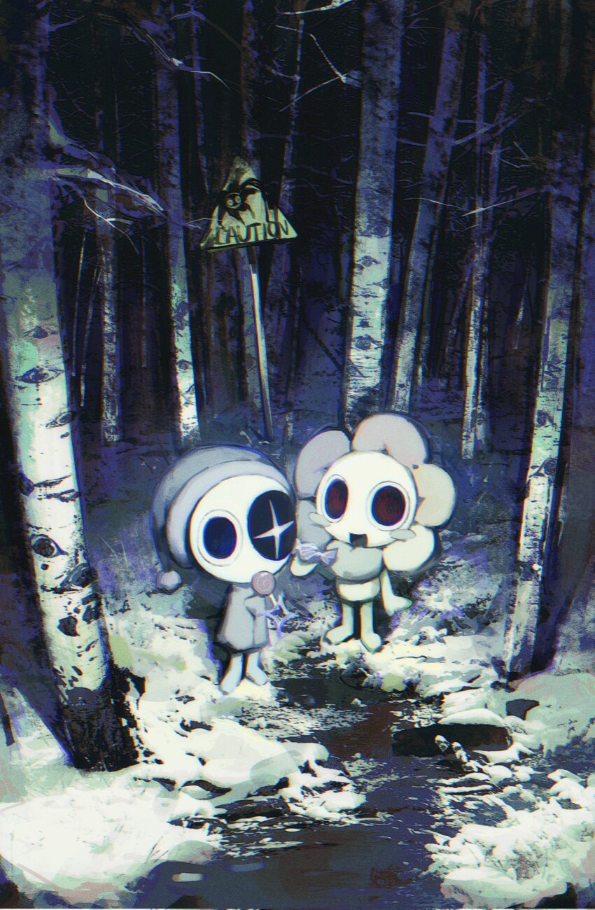 2boys, astro_(dandy's_world), birch_tree, black_eyes, candy, chibi, chibi_only, dandy's_world, dandy_(dandy's_world), english_text, fialentul, food, forest, highres, horror_(theme), lollipop, looking_at_viewer, multiple_boys, nature, pov, roblox, scenery, sign, tree, warning_sign