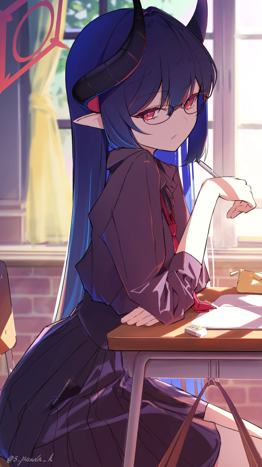 1girl, bespectacled, black-framed_eyewear, black_shirt, blue_archive, blue_hair, blurry, blurry_background