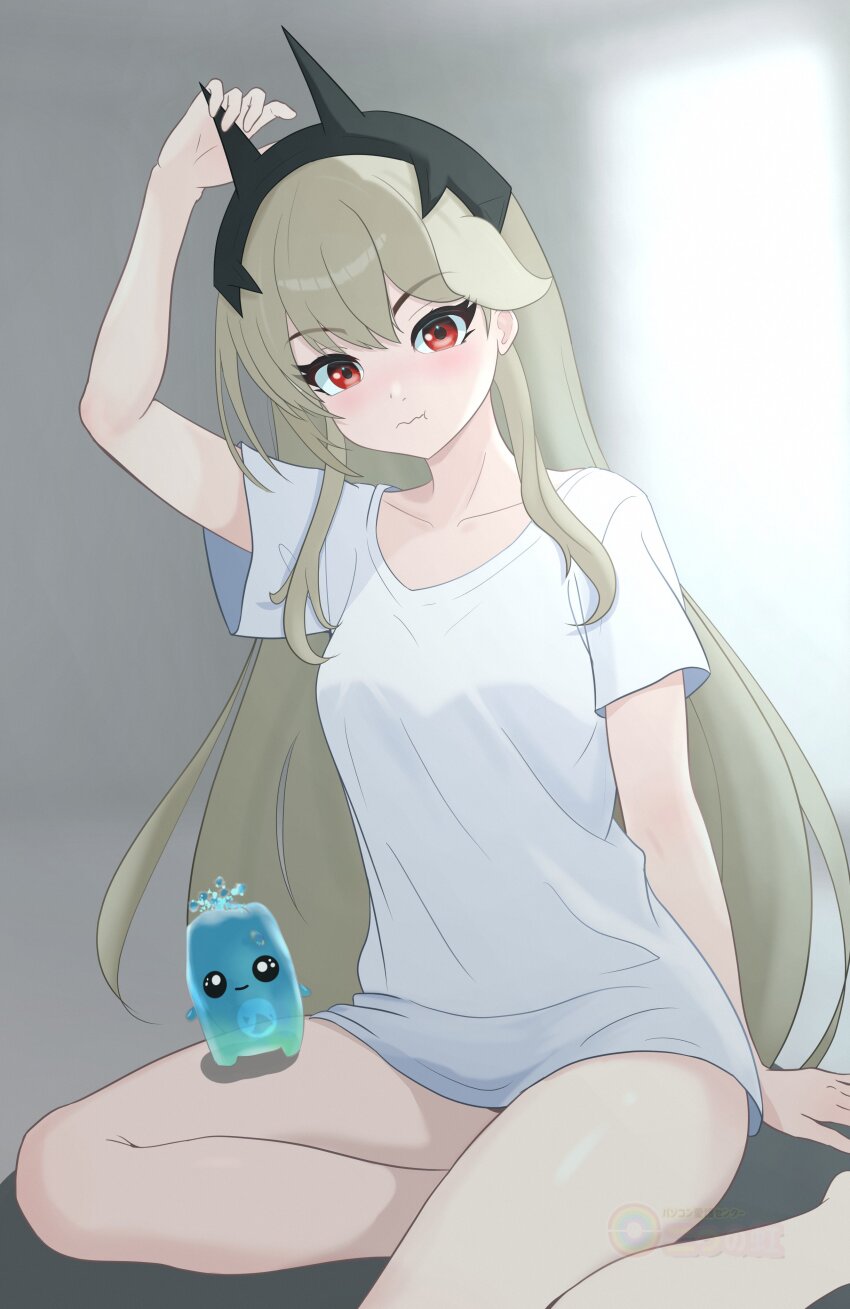 1girl, :t, absurdres, bare_legs, black_hairband, blonde_hair, blush, closed_mouth