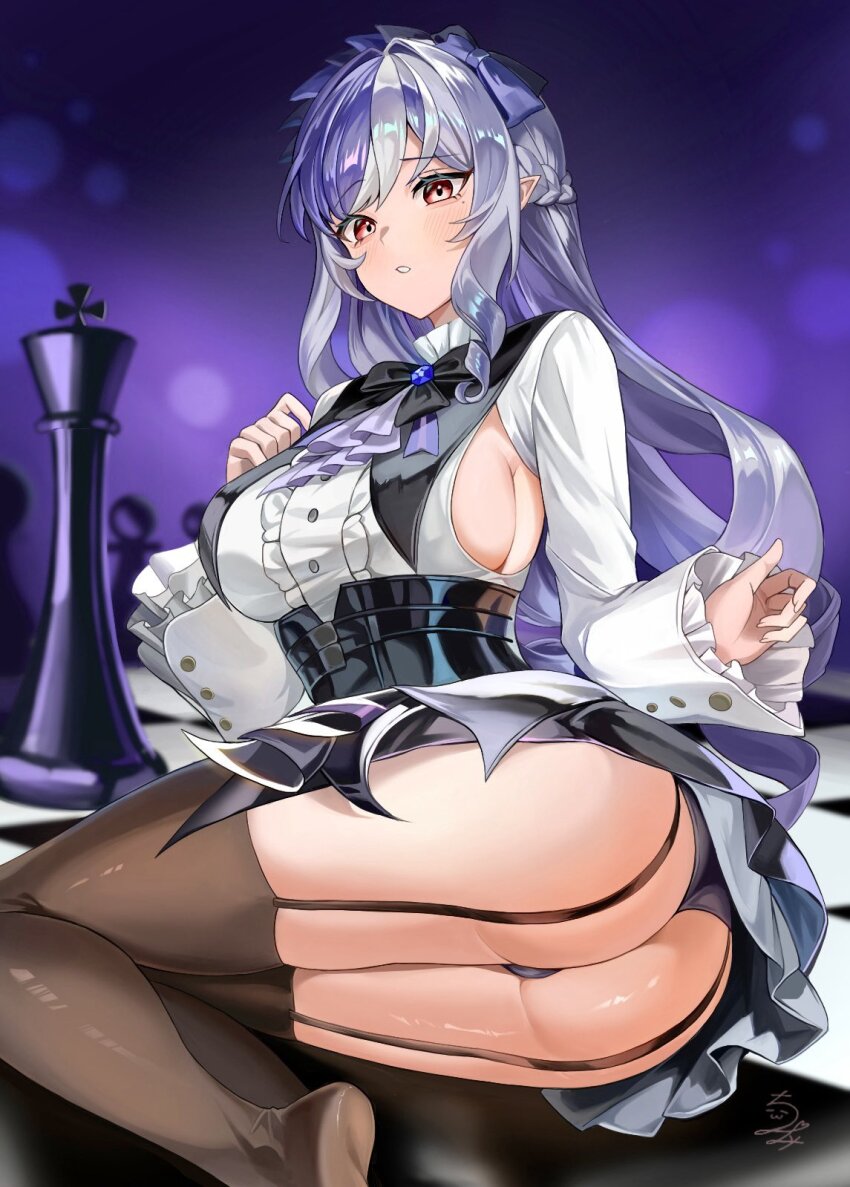 1girl, ass, black_garter_straps, black_panties, black_thighhighs, breasts, chess_piece, chessboard