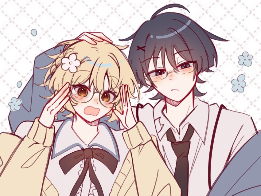 1boy, 1girl, alphastroo, alternate_costume, bespectacled, black_bow, black_hair, black_necktie