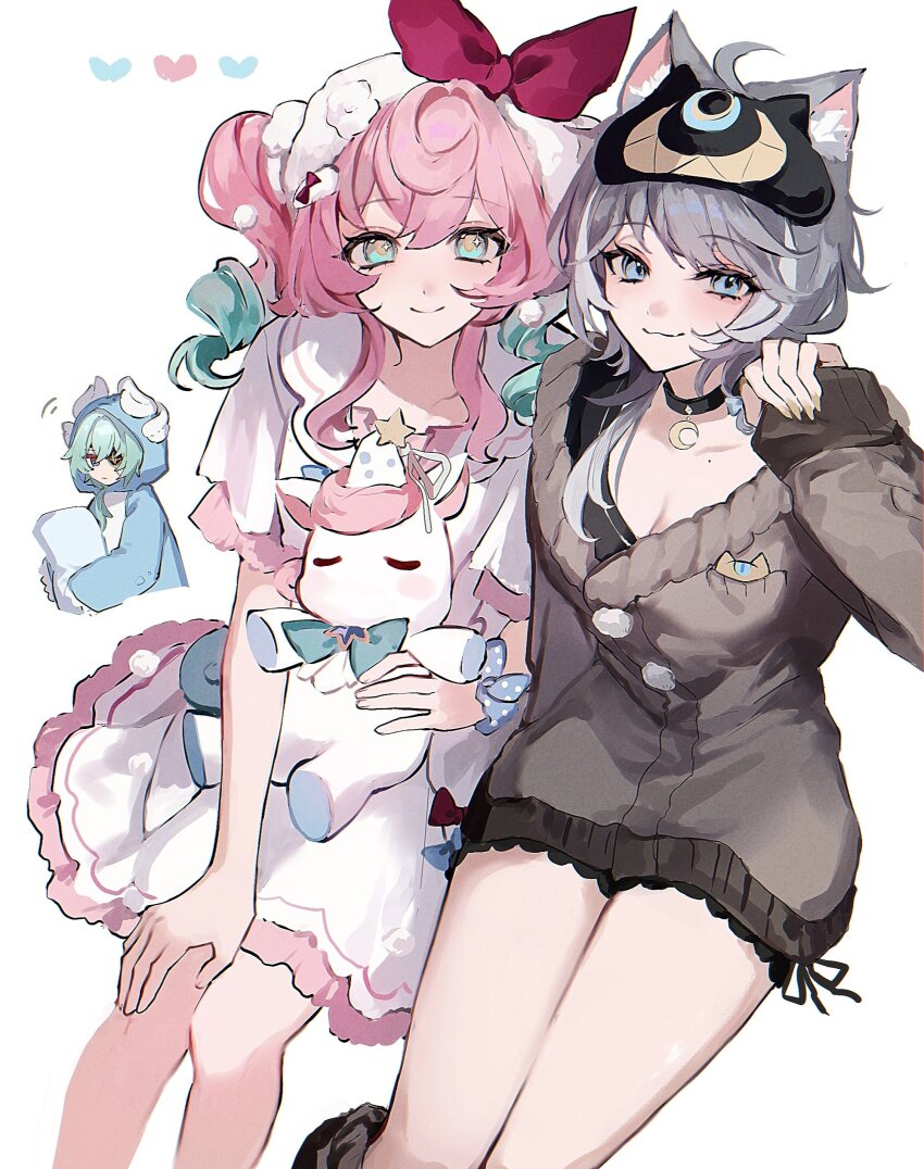 1boy, 2girls, absurdres, alternate_costume, anaxa_(honkai:_star_rail), anaxa_(whatsamatta)_(honkai:_star_rail), aqua_hair, blue_eyes, cat_girl, cipher_(honkai:_star_rail), cipher_(sweet_slumber)_(honkai:_star_rail), closed_mouth, er_ra63, eyepatch, gradient_hair, grey_hair, highres, honkai:_star_rail, honkai_(series), hyacine_(honkai:_star_rail), hyacine_(sweet_slumber)_(honkai:_star_rail), looking_at_viewer, multicolored_hair, multiple_girls, pink_hair, sitting, smile, twintails