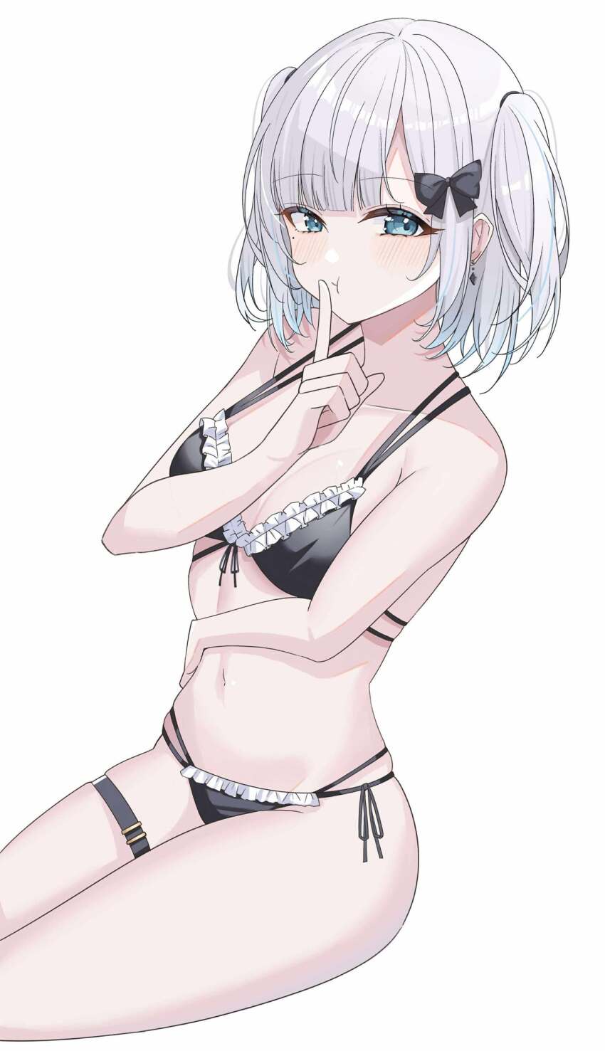 1girl, bikini, black_bikini, black_bow, blue_eyes, bow, breasts, cleavage