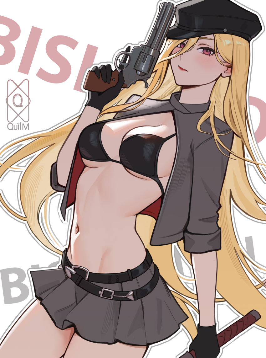 1girl, absurdres, belt, beret, bikini, bishamonten_(noragami), black_belt, black_bikini