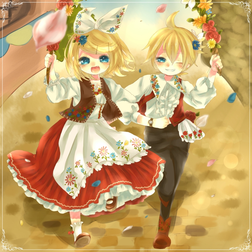 1boy, 1girl, alternate_costume, apron, blonde_hair, blue_eyes, blush, boots