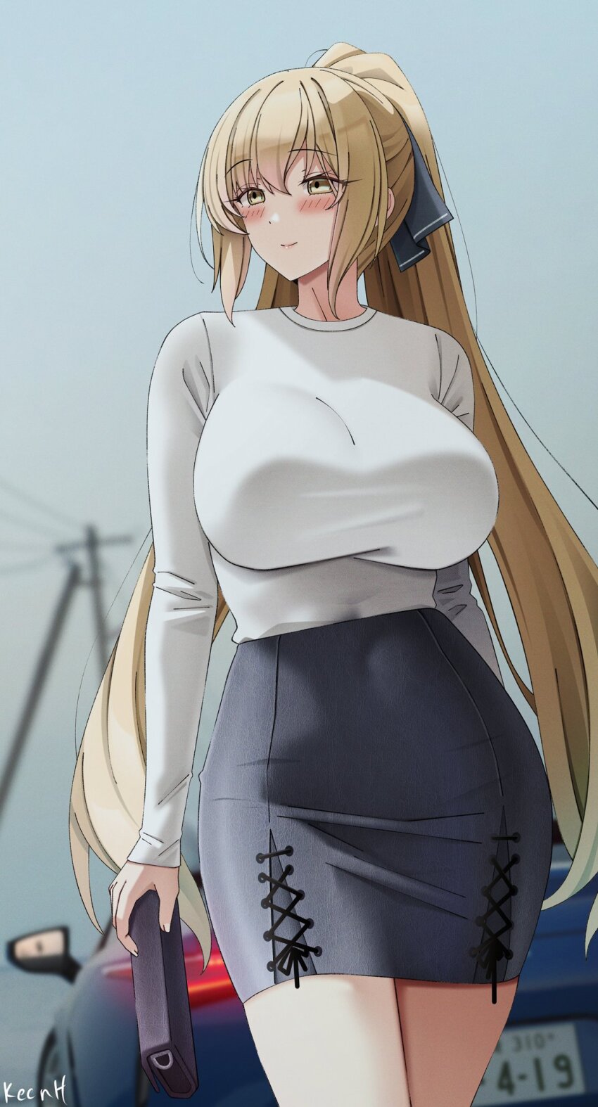 1girl, artist_name, black_ribbon, black_skirt, blue_car, blush, borrowed_character, breasts, brown_eyes, car, closed_mouth, hair_between_eyes, hair_ribbon, high_ponytail, highres, holding, keenh, large_breasts, leather, leather_skirt, lexus, lexus_lc, long_hair, long_sleeves, looking_to_the_side, miniskirt, motor_vehicle, original, ponytail, ribbon, satou_mayumi_(rc_f), shirt, sideways_glance, skirt, smile, solo, sports_car, standing, white_shirt