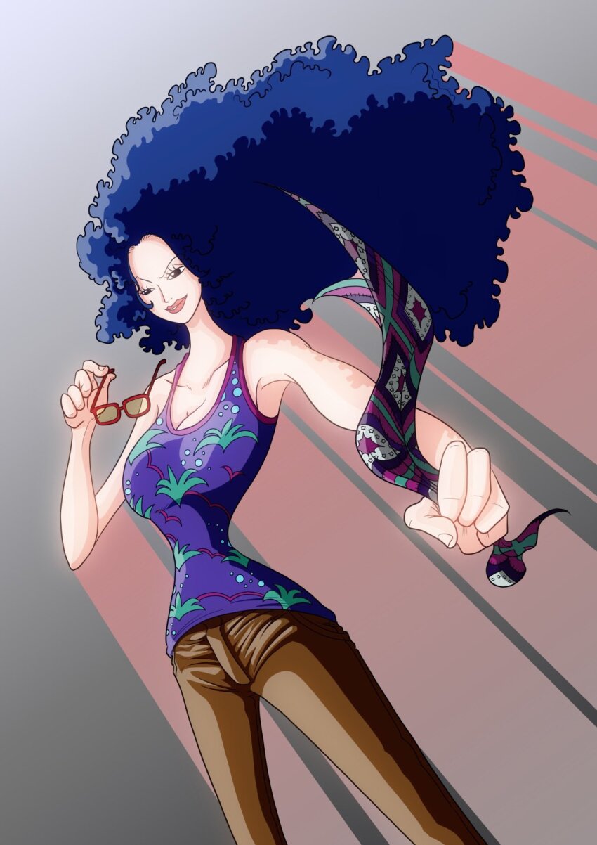 1girl, blue_hair, brown_pants, commentary_request, cowboy_shot, curly_hair, dutch_angle, eyelashes