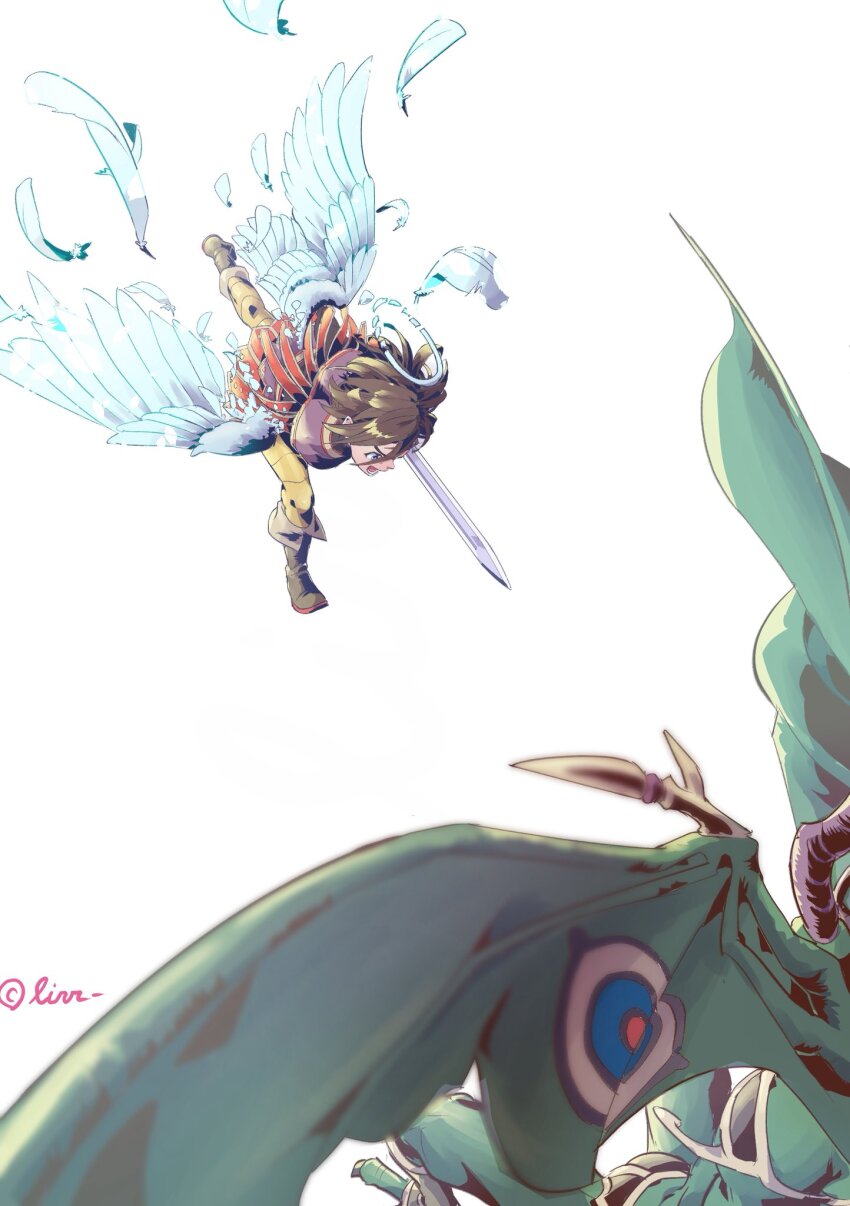 2boys, angel, angel_wings, bat_wings, black_horns, blue_eyes, blurry, boots