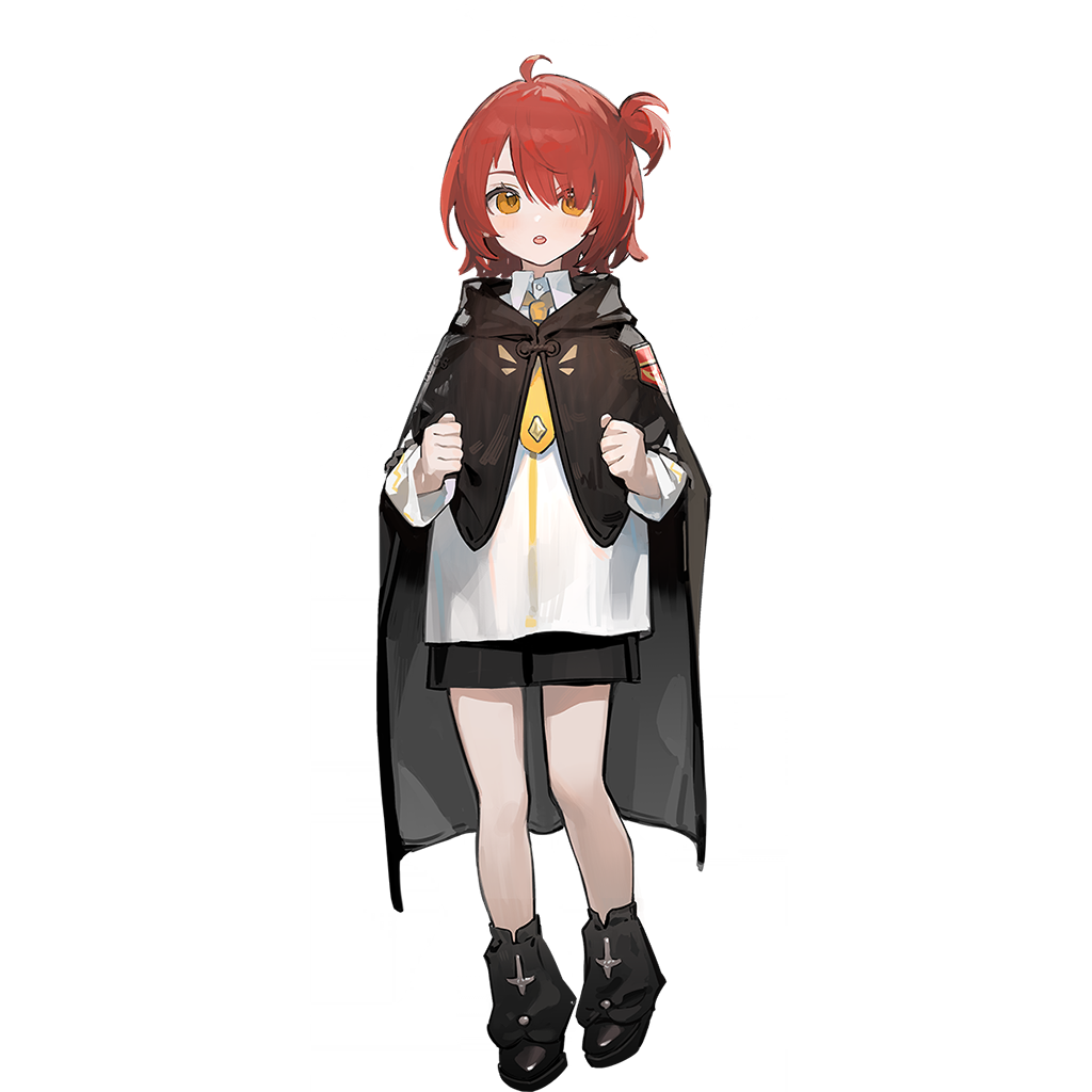 1girl, aged_down, arknights, artist_request, black_cape, black_shoes, black_skirt, cape