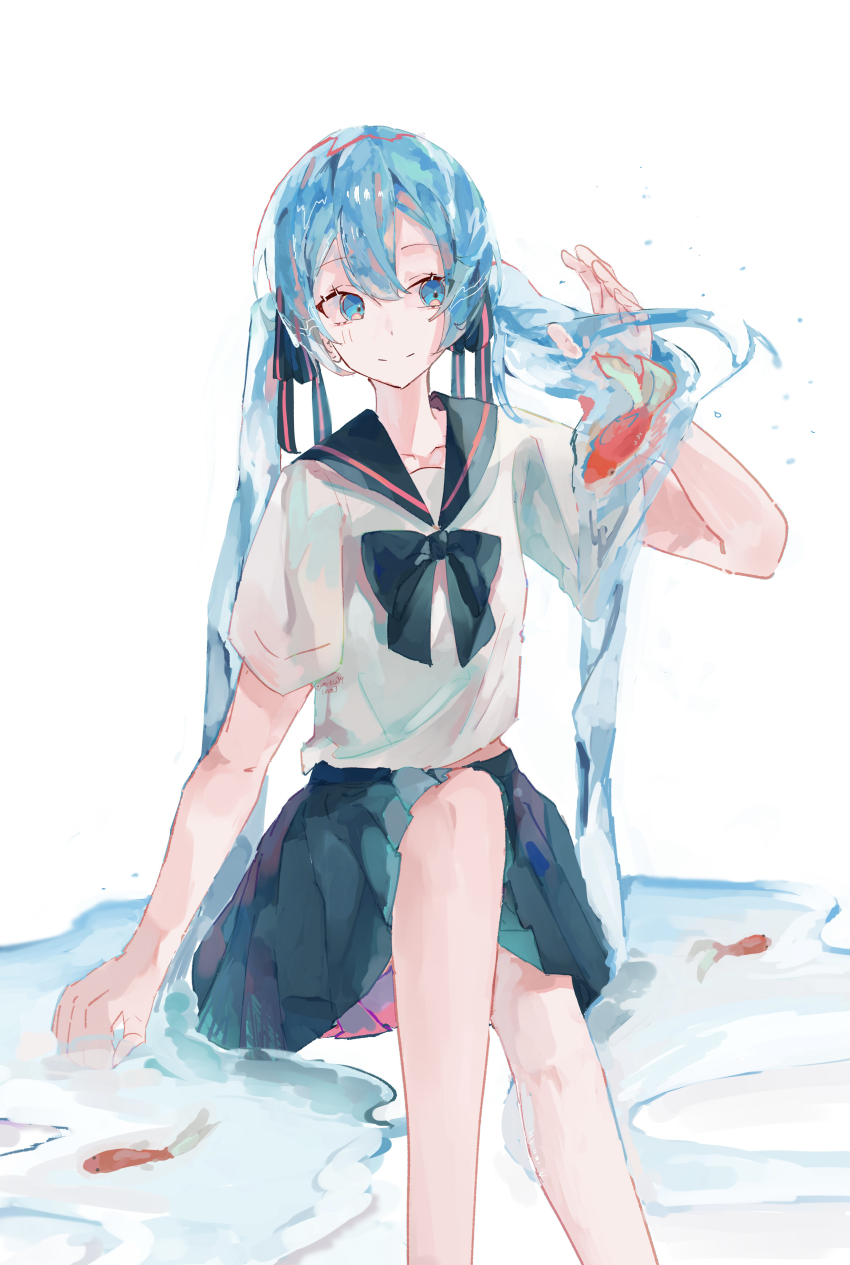 1girl, absurdres, adjusting_hair, bare_legs, blue_eyes, blue_hair, blue_neckerchief, blue_ribbon