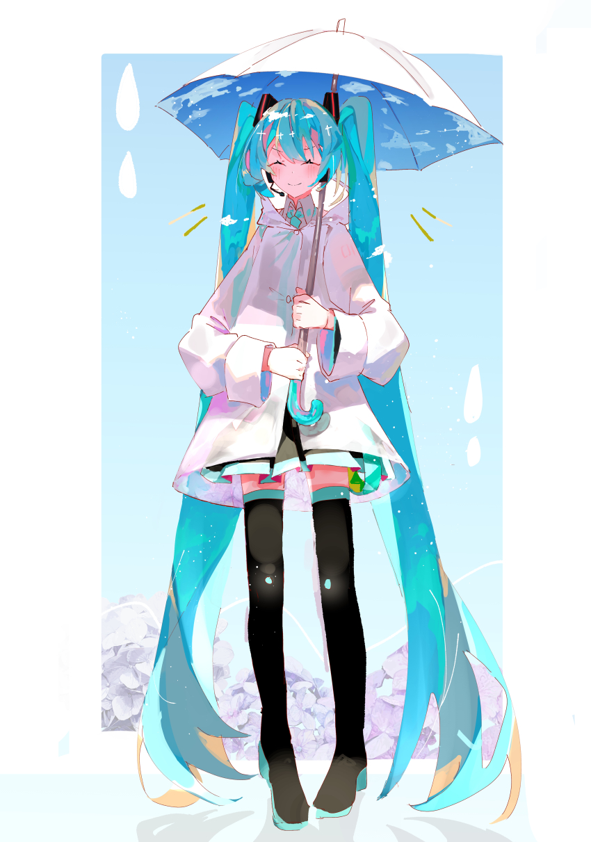 1girl, absurdres, aqua_hair, aqua_necktie, black_bow, black_skirt, blonde_hair, blush, boots, bow, closed_eyes, coat, collared_shirt, commentary_request, facing_viewer, full_body, hair_between_eyes, hair_ornament, hatsune_miku, highres, holding, holding_umbrella, hood, hooded_coat, layered_clothes, long_sleeves, miku39love3, multicolored_hair, necktie, shirt, sidelocks, skirt, smile, solo, straight-on, swimsuit, thigh_boots, thighhighs, twintails, two-tone_hair, umbrella, vocaloid, water_drop, white_coat, white_shirt, white_umbrella, wide_sleeves, zettai_ryouiki
