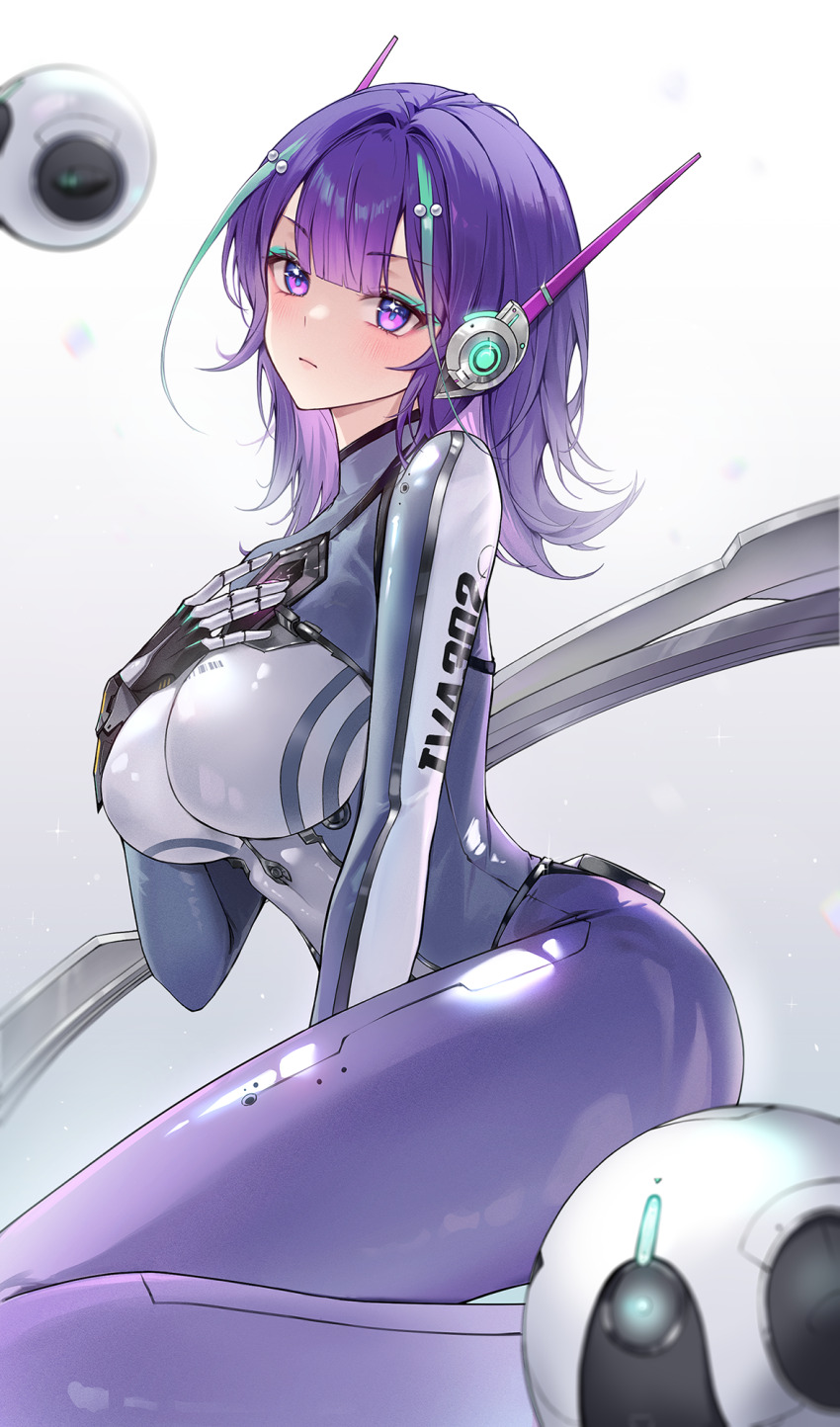 1girl, between_legs, blue_hair, blush, bodysuit, breasts, gloves, hand_between_legs, headset, heeri, highres, iva_(starward), large_breasts, looking_at_viewer, multicolored_bodysuit, multicolored_hair, pink_eyes, purple_bodysuit, purple_hair, simple_background, solo, starward, streaked_hair, two-tone_bodysuit, white_background
