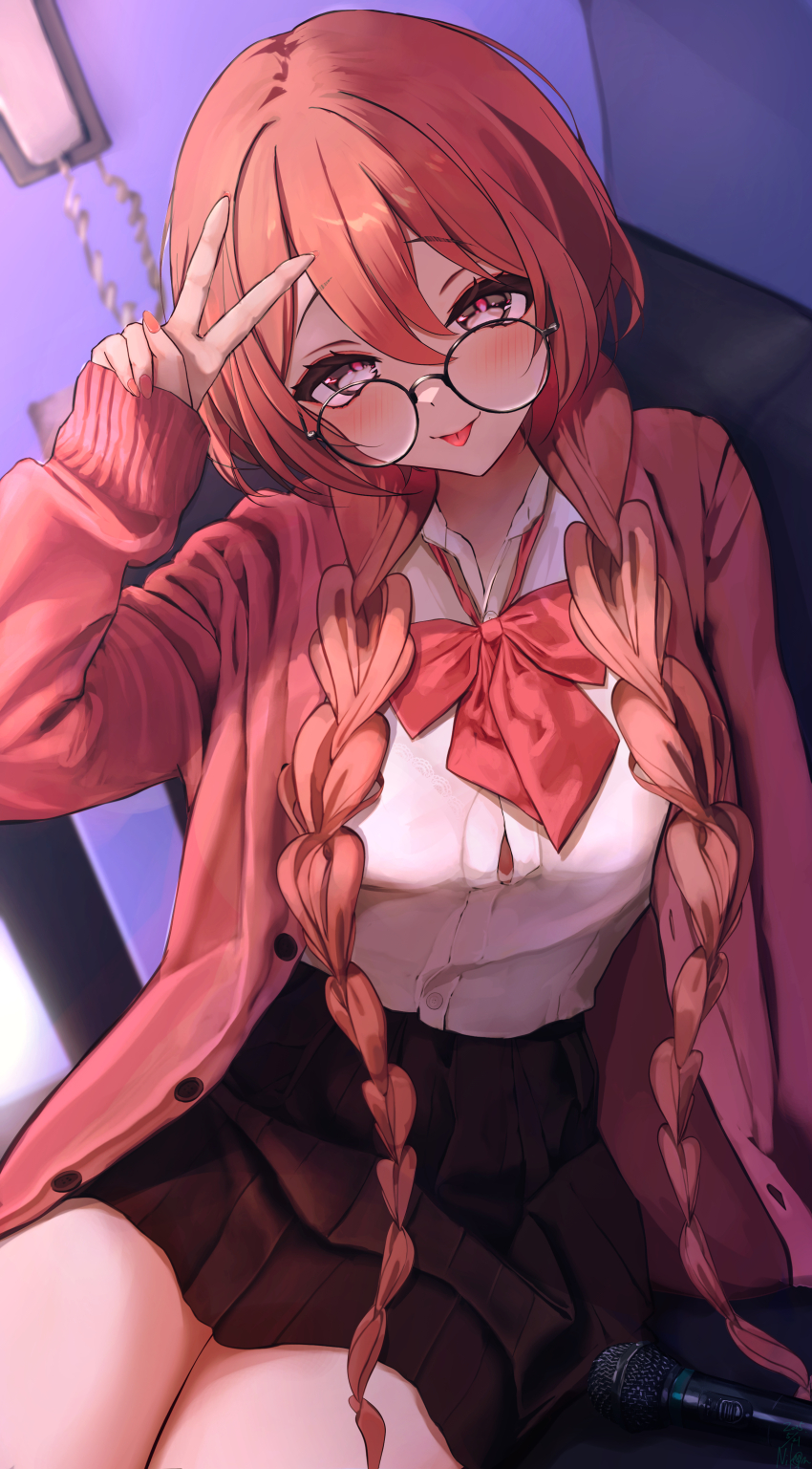 1girl, absurdres, amayui_moka, blush, braid, breasts, brown_skirt, cardigan