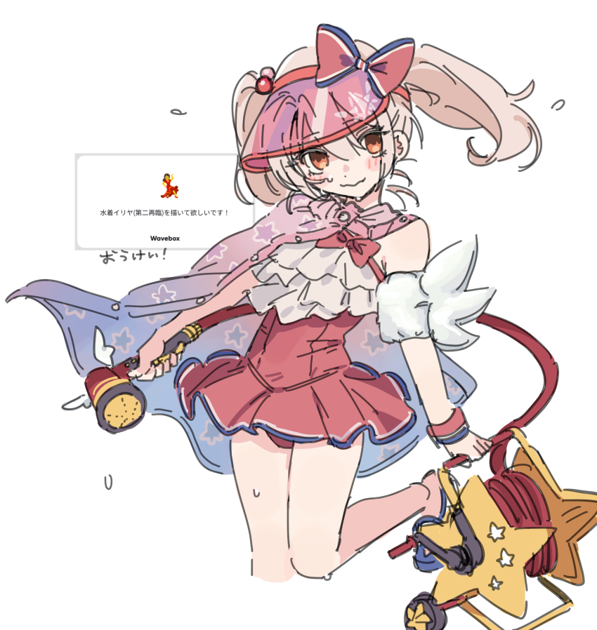 1girl, absurdres, bow, brown_eyes, cape, casual_one-piece_swimsuit, fate/grand_order, fate/kaleid_liner_prisma_illya, fate_(series), foot_out_of_frame, highres, holding, holding_hose, hose, hose_nozzle, hose_reel, illyasviel_von_einzbern, illyasviel_von_einzbern_(swimsuit_archer), illyasviel_von_einzbern_(swimsuit_archer)_(second_ascension), kaigan0211, leg_up, long_hair, looking_at_viewer, magical_ruby, magical_ruby_(hose), one-piece_swimsuit, pink_cape, red_bow, red_one-piece_swimsuit, request_inset, simple_background, smile, solo, star_(symbol), star_print, swimsuit, twintails, visor_cap, white_background