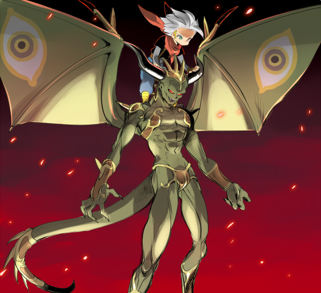 2boys, arm_guards, bat_wings, belt, black_horns, black_shirt, blue_pants, brown_belt