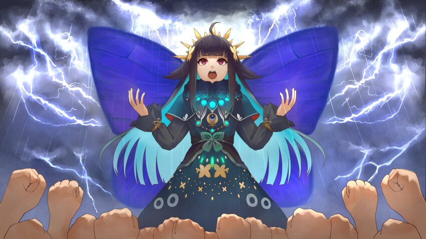 1girl, :o, ahoge, animal_print, aqua_hair, belt, black_dress, black_hair