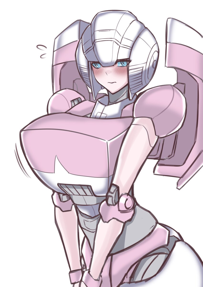 1girl, absurdres, android, arcee, autobot, backpack, bag, blue_eyes