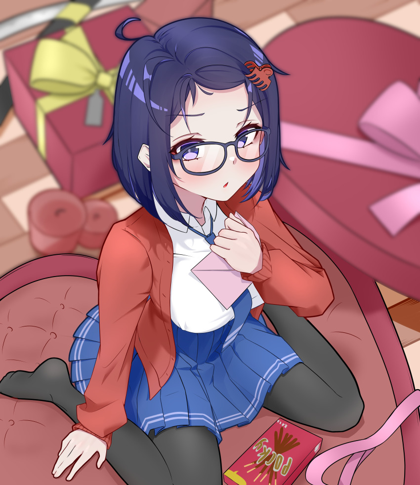 1girl, absurdres, black-framed_eyewear, black_pantyhose, blue_eyes, blue_hair, blue_necktie, blue_skirt