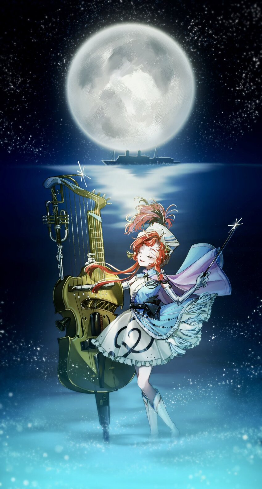 1girl, barcarola_(as_the_sea_breeze_leads)_(reverse:1999), barcarola_(reverse:1999), blue_dress, boots, bow_(music), cape, closed_eyes